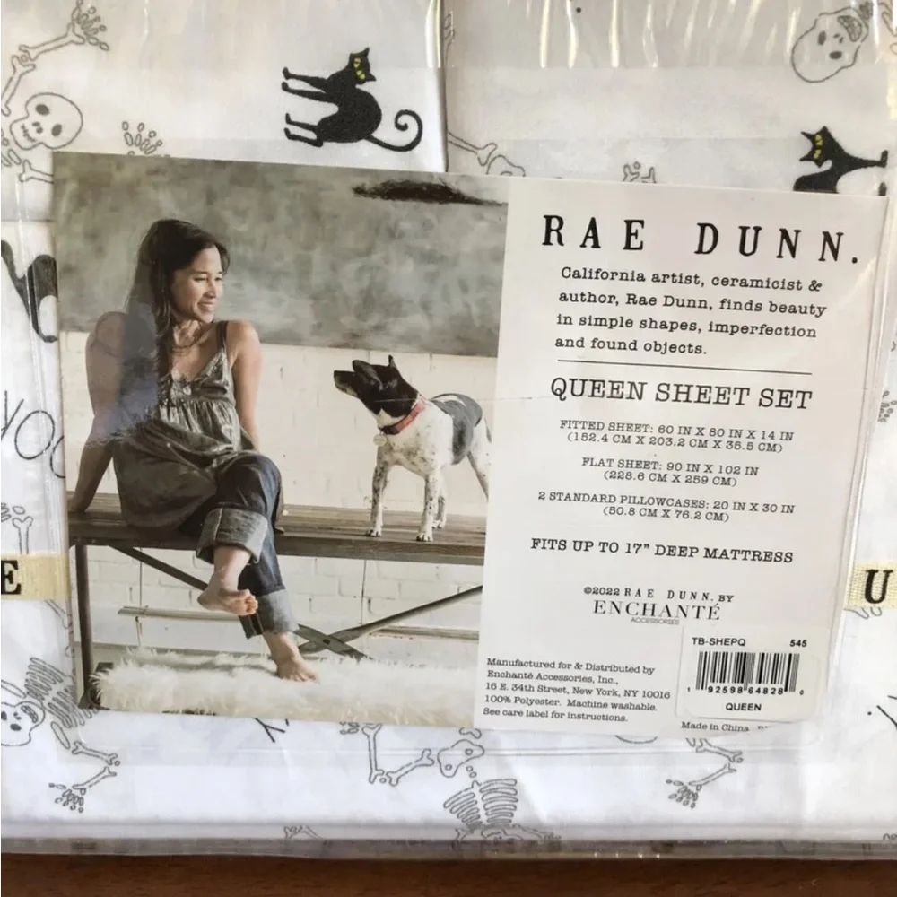 Rae Dunn Queen Size Halloween Bed Sheet Set Skeleton Spooky Black Cat